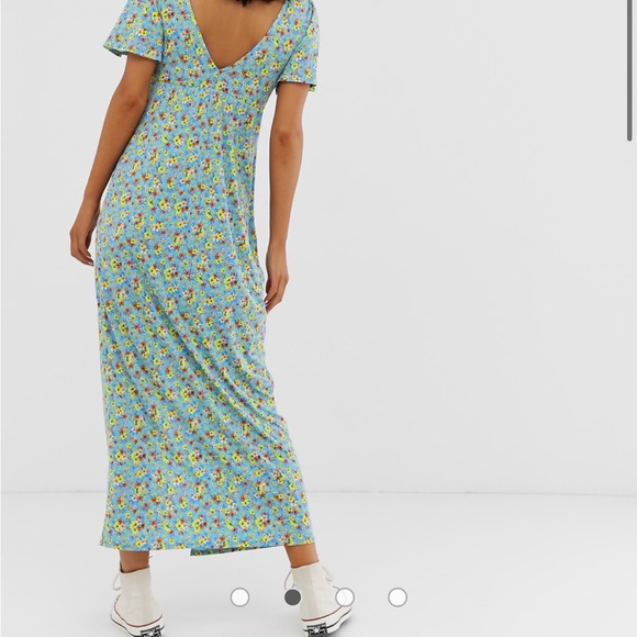 ASOS DESIGN jersey crepe maxi tea dress with self covered buttons in blue ditsy - Picture 6 of 6